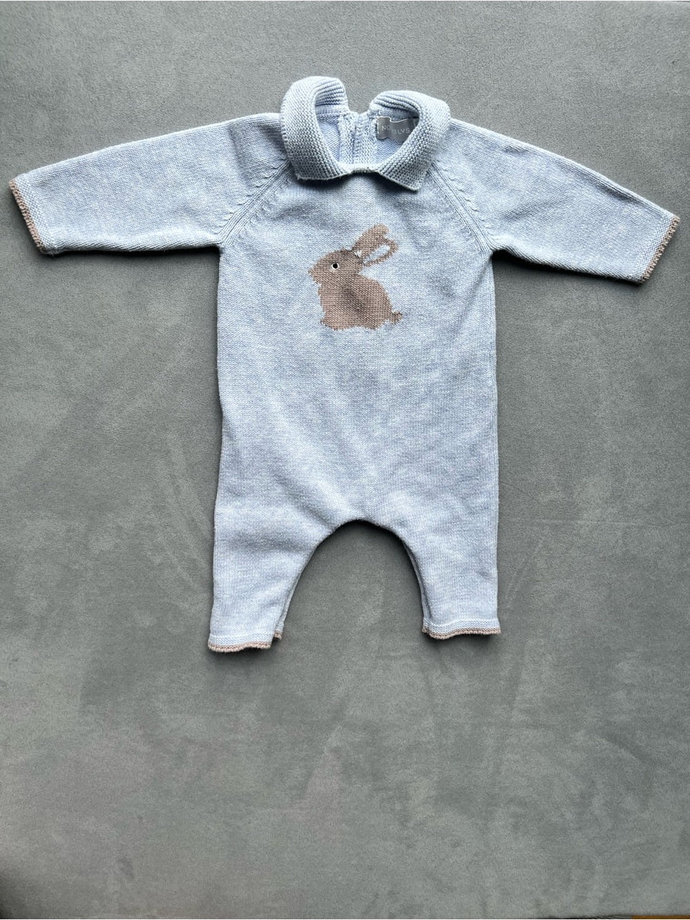 Knit Baby One-Piece with Bunny Motif - Light Blue